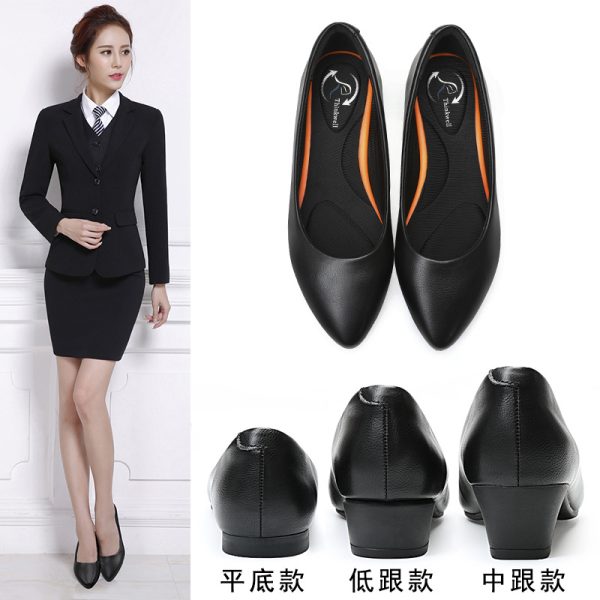 Work shoes for women, black leather shoes, soft soles, comfortable flats, mid-heel chunky heel flats, professional high heels, and office women's shoes