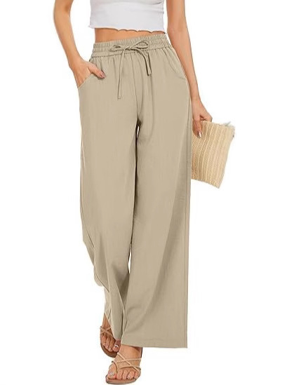 Solid color new women's pants, flow-style pants, wide waist palazzo beach pants, loose pocket cross-border pants