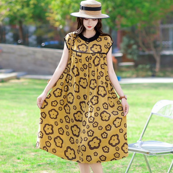 New summer high-end cotton silk dress, women's mid-length fashion, foreign wear, rayon floral cotton skirt