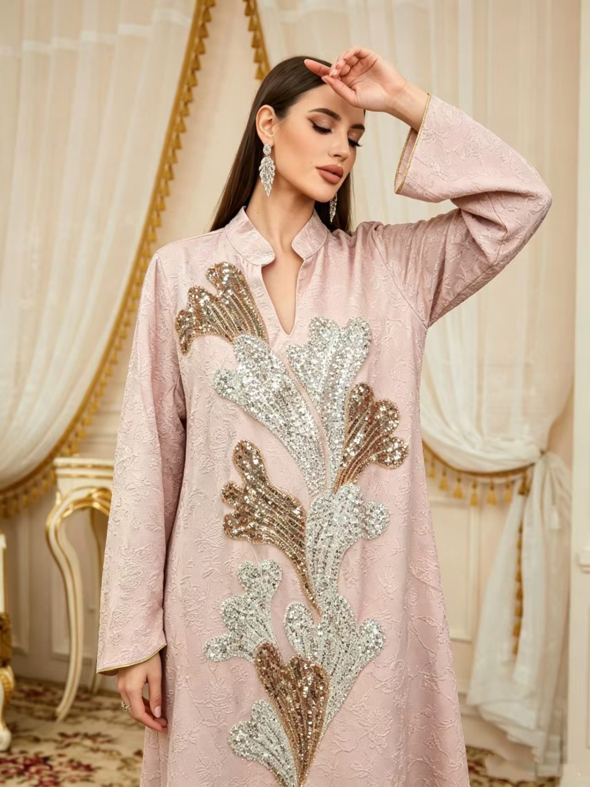 Cross-border new beaded embroidered V-neck robe dress, elegant and elegant banquet dress, long-sleeved, fashionable and loose - Image 4