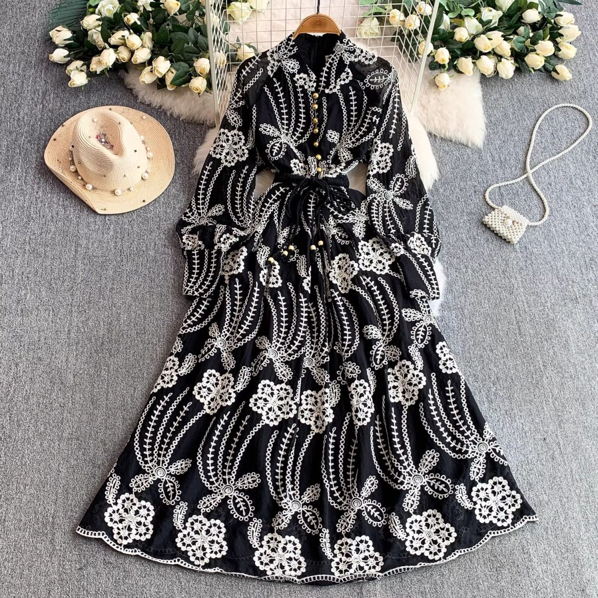 French vintage heavy industry embroidery stand-up collar lantern sleeve dress women's autumn and winter metal buckle waist slimming over the knee long skirt - Image 1