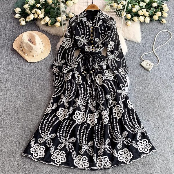 French vintage heavy industry embroidery stand-up collar lantern sleeve dress women's autumn and winter metal buckle waist slimming over the knee long skirt