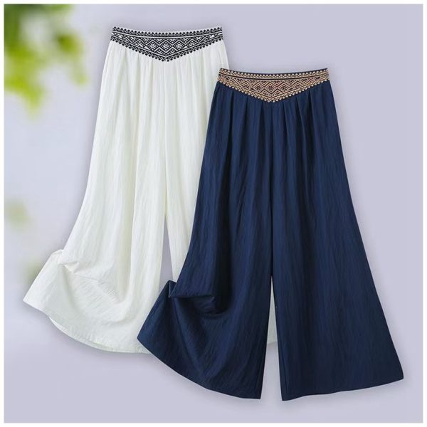 One dropshipping 2025 summer high-waisted loose pants for women, casual summer crackled Chinese-style pants, embroidered wide-leg pants for women