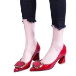 Soft leather pointed toe thick heel single shoes women's 2023 spring and autumn shallow patent leather shiny square buckle mid-heel work shoes women's trend - Image 5