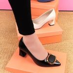 Soft leather pointed toe thick heel single shoes women's 2023 spring and autumn shallow patent leather shiny square buckle mid-heel work shoes women's trend - Image 3