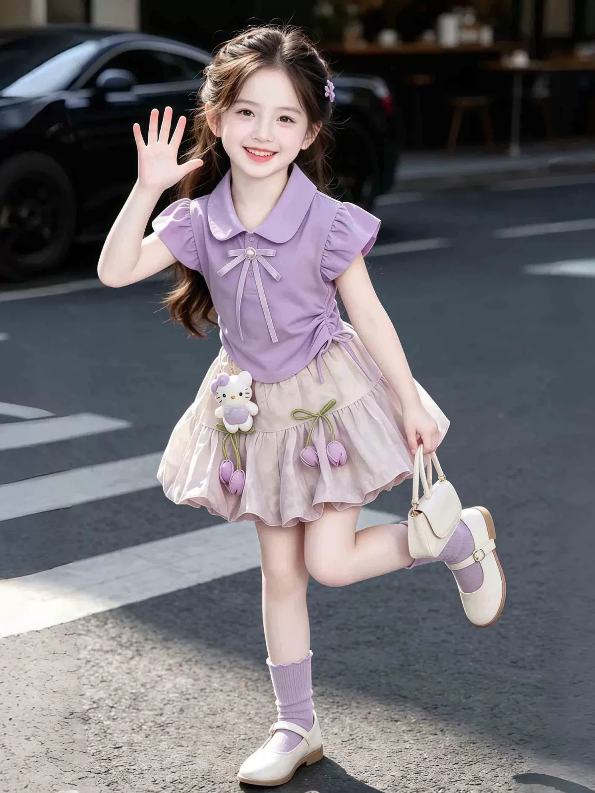 Girls' summer set 2026 new style for young and medium-sized girls, sweet and stylish fly-sleeve top, flower bud pants two-piece set - Image 1