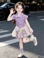 Girls' summer set 2026 new style for young and medium-sized girls, sweet and stylish fly-sleeve top, flower bud pants two-piece set