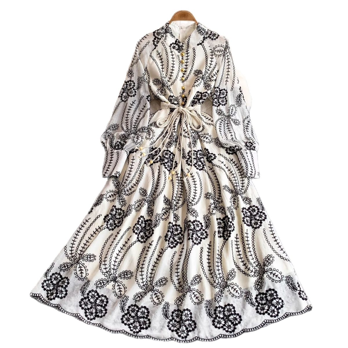 French vintage heavy industry embroidery stand-up collar lantern sleeve dress women's autumn and winter metal buckle waist slimming over the knee long skirt - Image 5