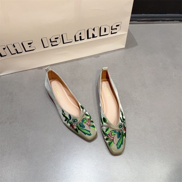 Chunky heels, Chinese national style square-toe flat-top shoes, shallow shoes, vintage embroidered qipao Hanfu shoes, shallow low-heel shoes for women