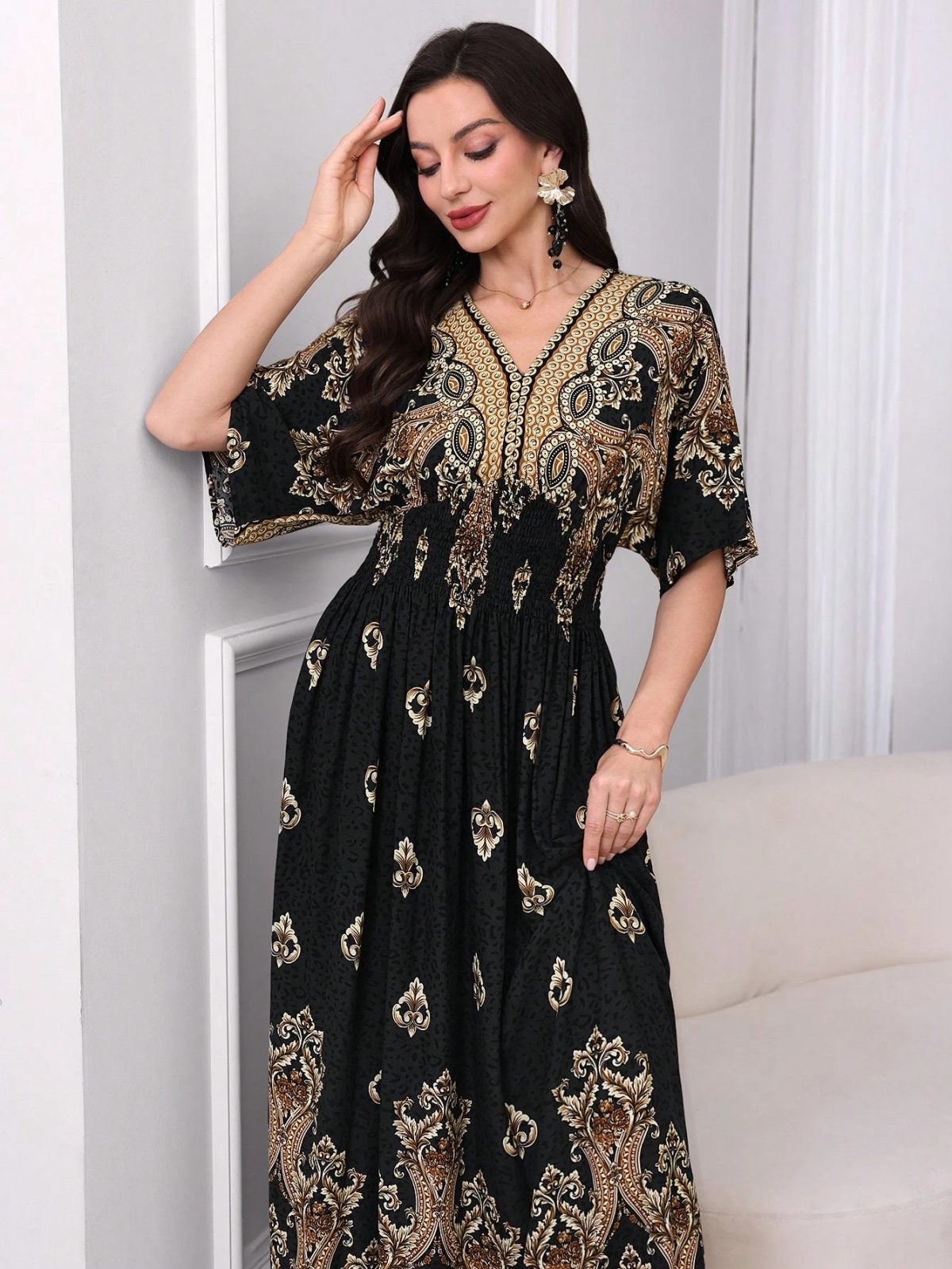 Elegant casual fashion full print women's dress, fashionable print, spring/summer shoulder sleeve long dress - Image 4
