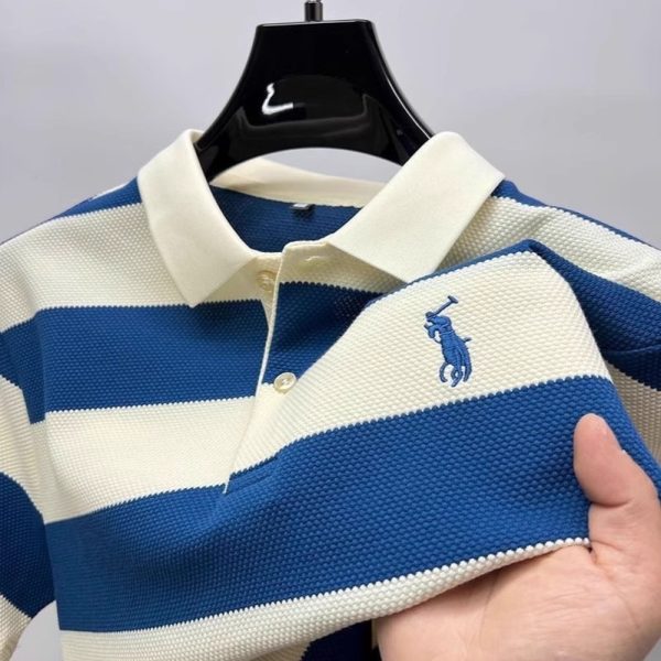 Factory direct sales 2026 new summer striped short sleeve casual trendy men's lapel embroidered T-shirt is fashionable and versatile