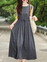New summer thin loose plus-size mom cotton silk dress with cinched waist floral floral fashionable faux cotton skirt - Image 5