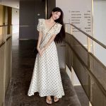 French gentle first love skirt retro polka dot dress women's summer waist cinched thin sweet temperament ruffled long skirt - Image 2
