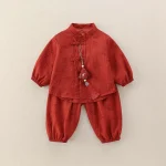 Baby full-month wear: spring and autumn style, baby 100-day two-piece set, long-sleeve Ha shirt, Chinese-style set, autumn one-year-old outing wear - Image 3