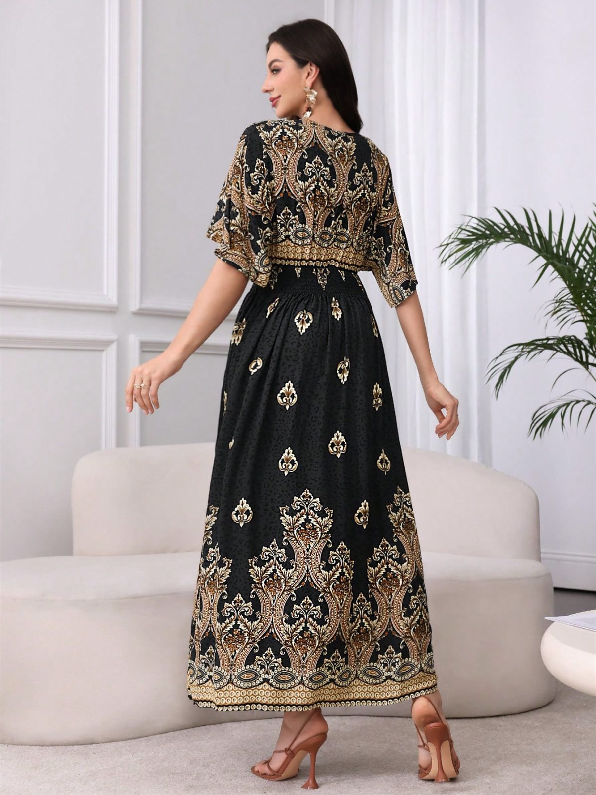 Elegant casual fashion full print women's dress, fashionable print, spring/summer shoulder sleeve long dress - Image 3