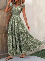 In stock 2026 Independent Site Bestselling New Printed V-Neck Waist-Cinching Long Dress European and American Cross-border Amazon Dress