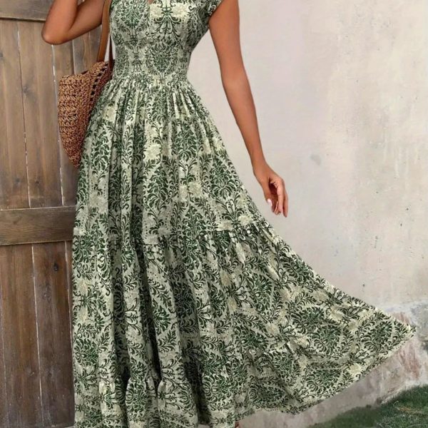 In stock 2026 Independent Site Bestselling New Printed V-Neck Waist-Cinching Long Dress European and American Cross-border Amazon Dress