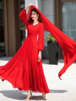 Big red chiffon beach skirt super long dress summer seaside vacation long sleeve big swing super fairy dress elegant