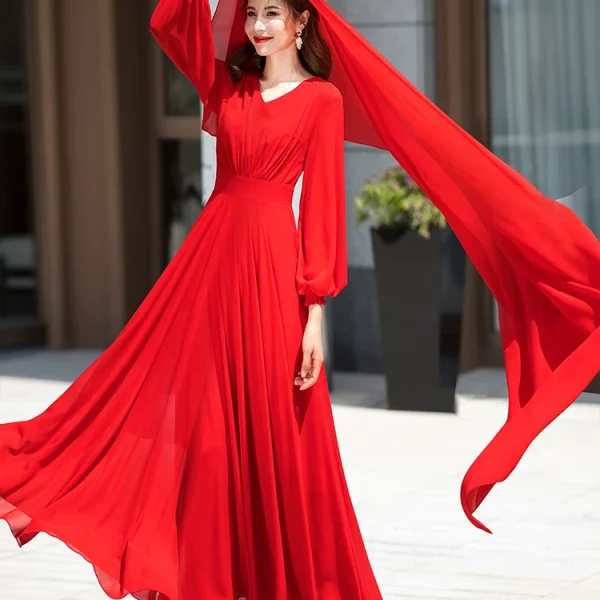 Big red chiffon beach skirt super long dress summer seaside vacation long sleeve big swing super fairy dress elegant