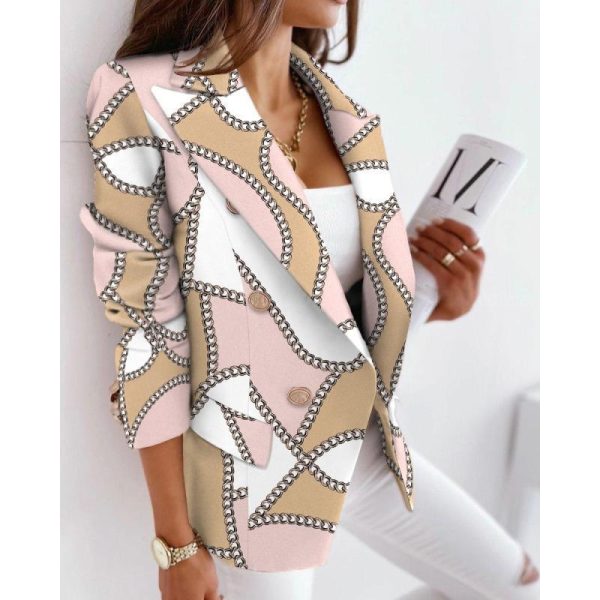 Autumn and Winter New Long Sleeve Double Breasted Fashion Casual Printed Small Suit Women's Slim Woolen Jacket