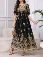 Elegant casual fashion full print women's dress, fashionable print, spring/summer shoulder sleeve long dress - Image 2