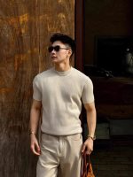Old money style crew neck knitted short-sleeved T-shirt men's casual 2026 summer breathable and comfortable solid color striped base shirt trend - Image 4