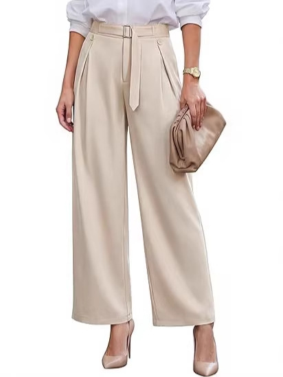 Amazon women's high-waisted wide-leg pants, business casual Palazzo pants, buttoned loose casual pants long pants