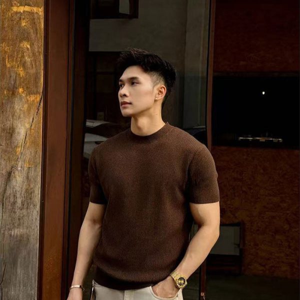 Old money style crew neck knitted short-sleeved T-shirt men's casual 2026 summer breathable and comfortable solid color striped base shirt trend