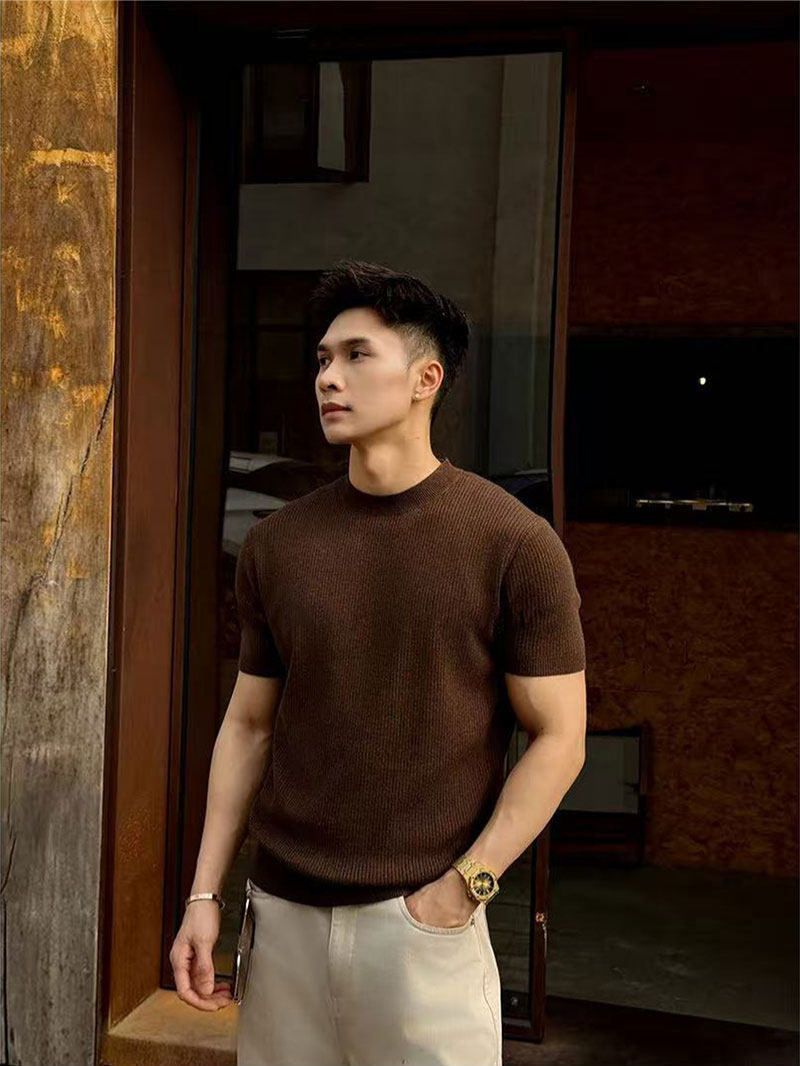 O1CN01EuJESv1cMtokWJkzw_2208423783587-0-cib.jpg Old money style crew neck knitted short-sleeved T-shirt men's casual 2026 summer breathable and comfortable solid color striped base shirt trend - Image 1