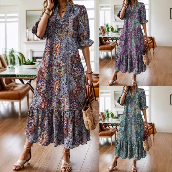 2025 Spring/Summer New European and American Amazon Independent Site WISH Cross-border Women's Print V-Neck Plus Size Dress