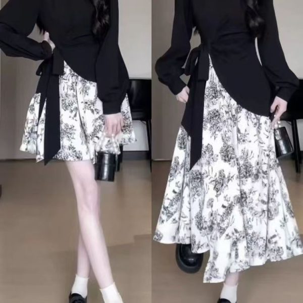 Autumn clothes: new Chinese style, ink and flower stitching, long-sleeved dress, slim design, waist long skirt