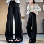 Rhinestone palace-style knit wide-leg pants for women, 2025 autumn/winter new elegant high-waist casual straight-leg floor-length pants - Image 4