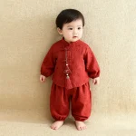 Baby full-month wear: spring and autumn style, baby 100-day two-piece set, long-sleeve Ha shirt, Chinese-style set, autumn one-year-old outing wear