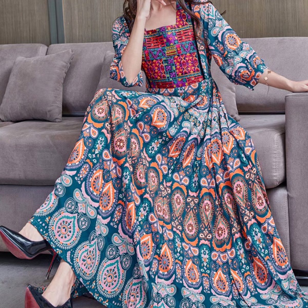 Bohemian ethnic style travel photography big swing embroidery dress women's long skirt wholesale - Image 1
