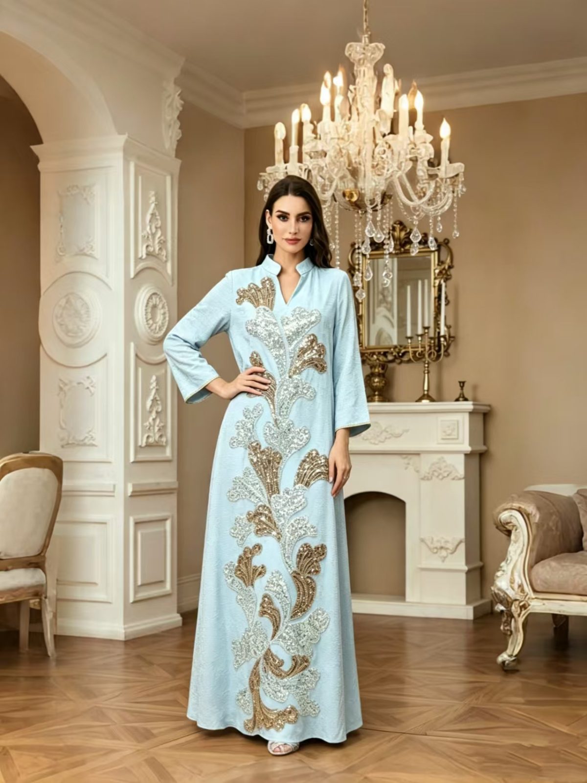 Cross-border new beaded embroidered V-neck robe dress, elegant and elegant banquet dress, long-sleeved, fashionable and loose - Image 1