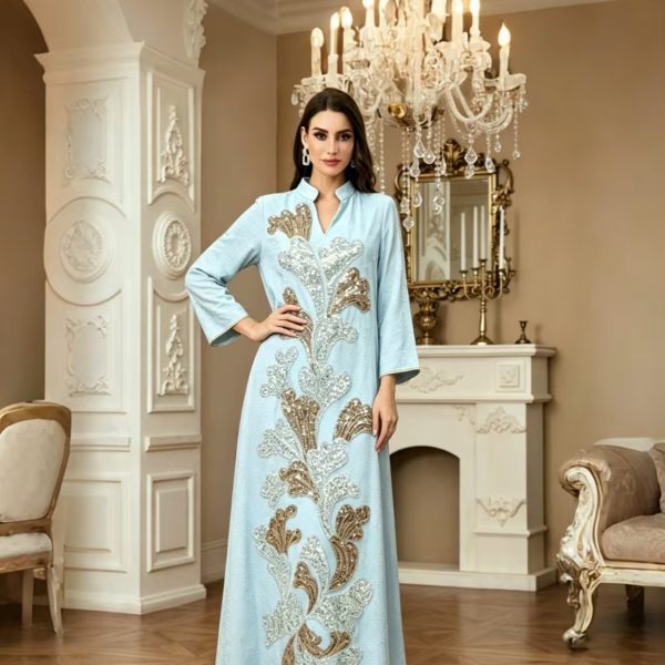 Cross-border new beaded embroidered V-neck robe dress, elegant and elegant banquet dress, long-sleeved, fashionable and loose