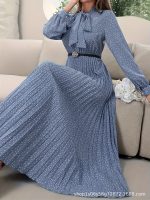 Women's long-sleeved pleated dress with full polka dot print tie collar (no belt) new cross-border