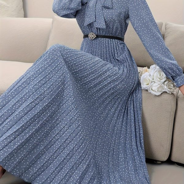Women's long-sleeved pleated dress with full polka dot print tie collar (no belt) new cross-border