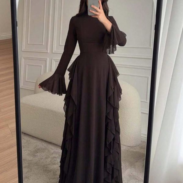 Cross-border Amazon 2026 new Temu European and beautiful women's elegant casual high-waisted solid color flared sleeve dress