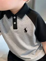 Pure cotton polo shirt for young and middle children, casual versatile boys' lapel top, summer boys' printed casual short-sleeve T-shirt - Image 2