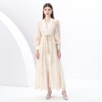French high-end women's dress 2025 spring waist cinching heavy industry embroidered V-neck balloon sleeve single-breasted long skirt
