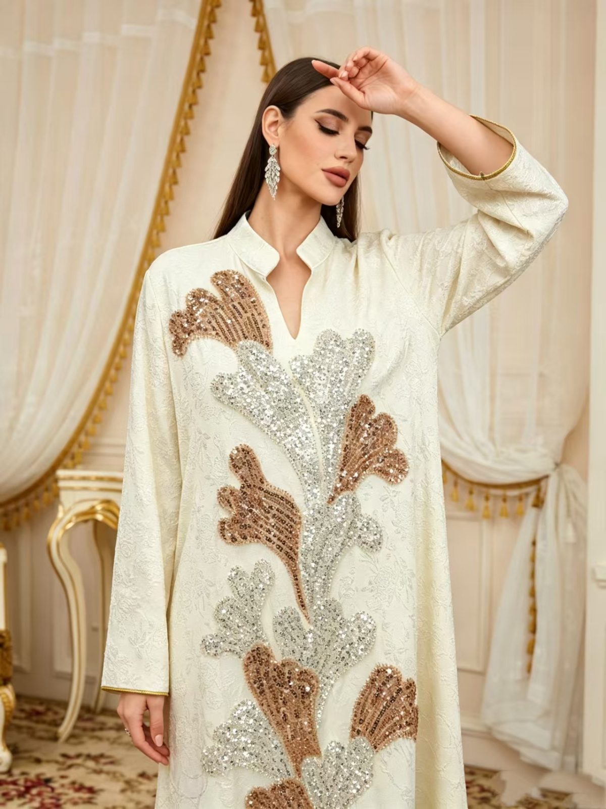 Cross-border new beaded embroidered V-neck robe dress, elegant and elegant banquet dress, long-sleeved, fashionable and loose - Image 5