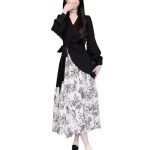 Autumn clothes: new Chinese style, ink and flower stitching, long-sleeved dress, slim design, waist long skirt - Image 5