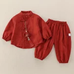 Baby full-month wear: spring and autumn style, baby 100-day two-piece set, long-sleeve Ha shirt, Chinese-style set, autumn one-year-old outing wear - Image 2