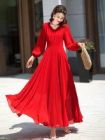 Big red chiffon beach skirt super long dress summer seaside vacation long sleeve big swing super fairy dress elegant - Image 3