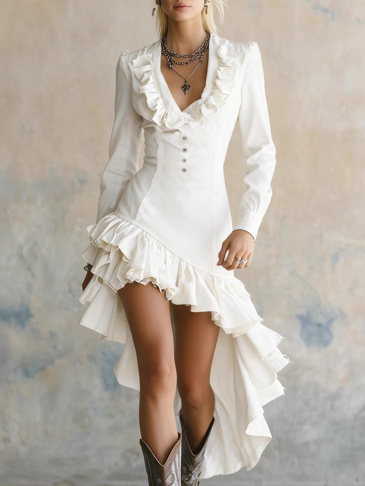 Amazon Cross-border O-Ma Women's Vintage Western Country Ruffle Disposable Denim Dress - Image 3