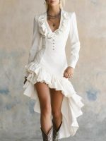 Amazon Cross-border O-Ma Women's Vintage Western Country Ruffle Disposable Denim Dress - Image 3