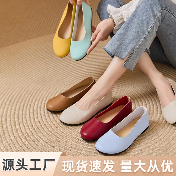 Round-toe genuine leather shallow flats for women, soft top and soft soles, lazy shoes for slip-on low-heel, comfortable, versatile closed-toe flats