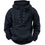 Solid Color Cross-border Plus Size Men's Outdoor Vintage Lace-up Hooded Long Sleeve T-Shirt Autumn Casual Top In Stock - Image 4