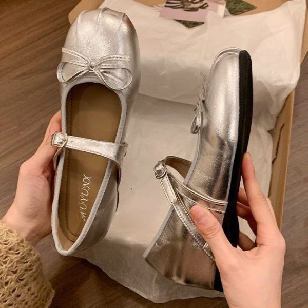 Soft leather version ~ 5cm inner height increase new Mary Jane girl cute bow ballerina shoes silver shoes